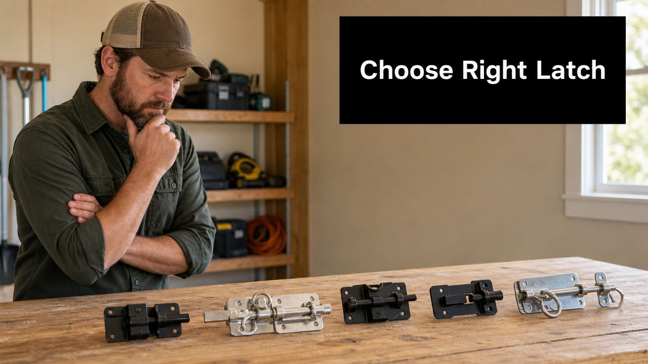 A man in a workshop considers various types of metal gate latches arranged on a wooden table.
