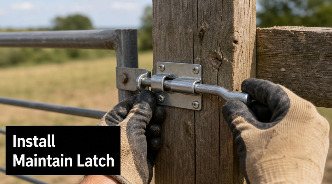 A person wearing work gloves installing a metal sliding bolt gate latch onto a wooden post.