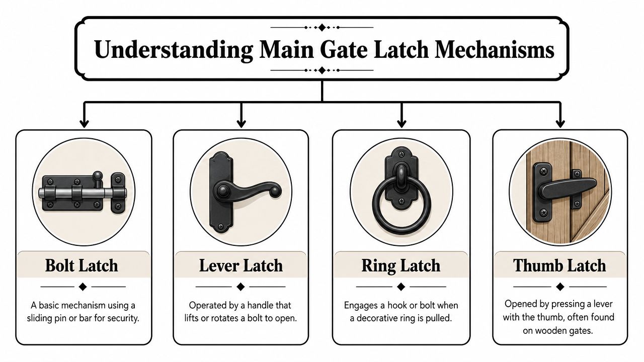 A diagram illustrating four common types of main gate latches: bolt, lever, ring, and thumb latches.