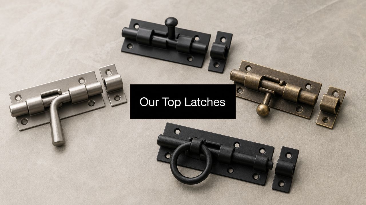 A collection of four different metal sliding gate latches in black, silver, and antique brass finishes.