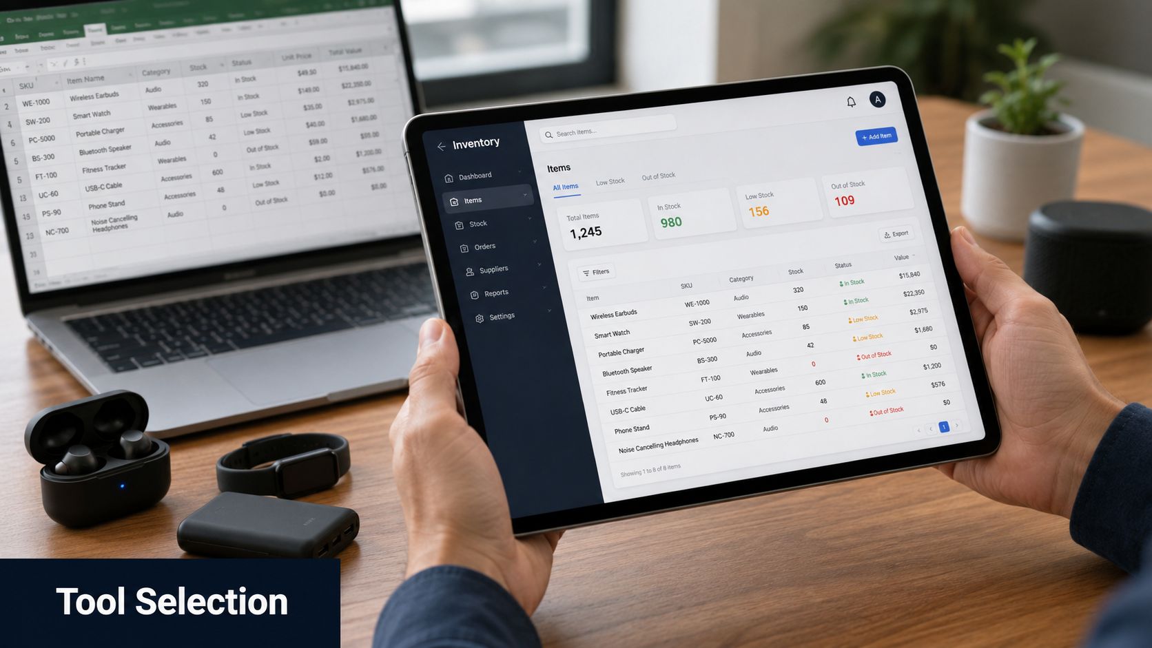 A person holds a tablet displaying an inventory management dashboard while working at a desk.