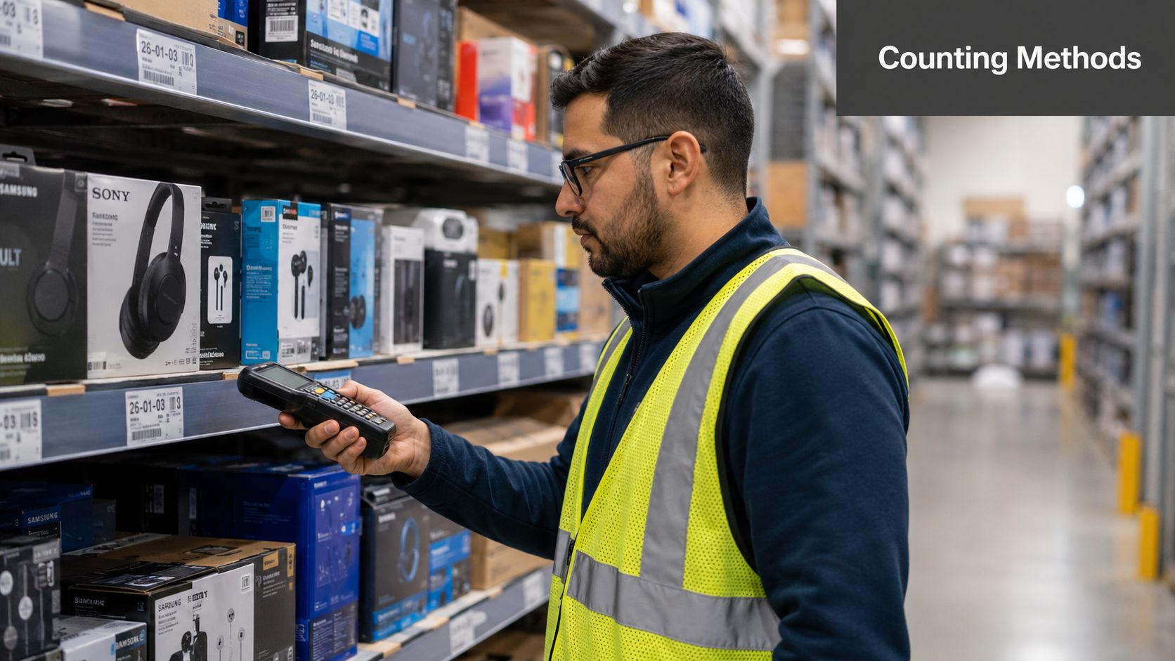 A warehouse worker wearing a safety vest scans product inventory using a handheld device in an aisle.