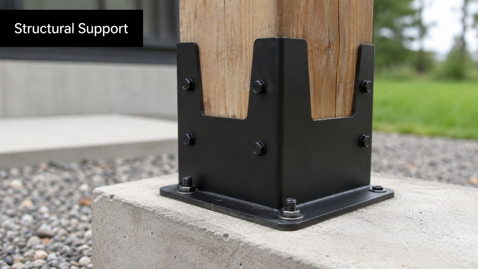 A black heavy duty post bracket securing a wooden pillar to a concrete foundation base outdoors.