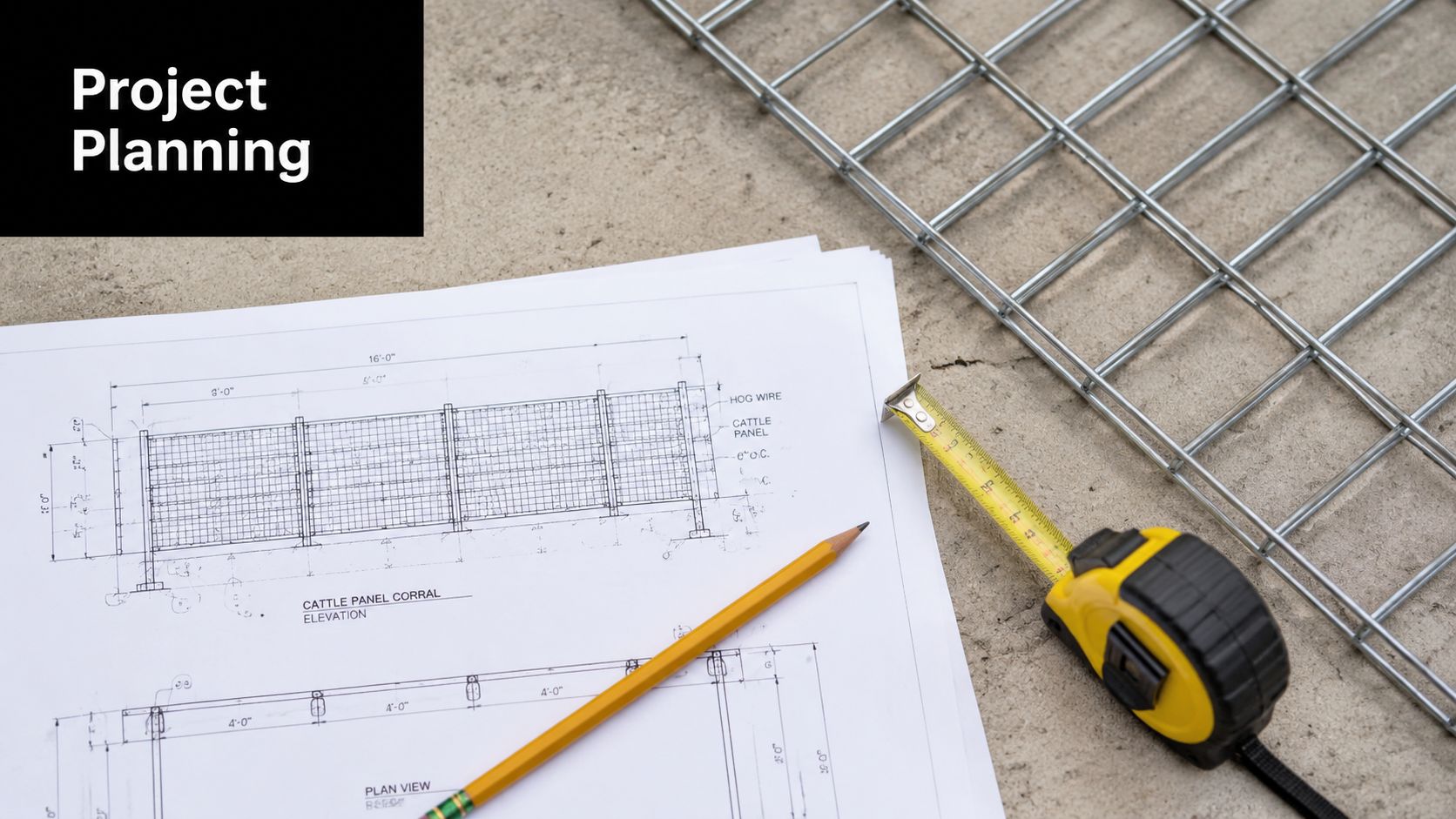 A construction blueprint for a cattle panel corral with a pencil and measuring tape on concrete.