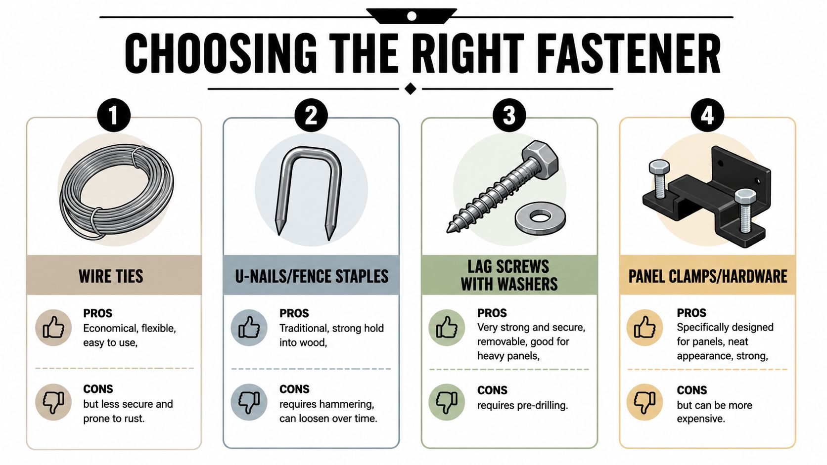 A comparison chart showing four different types of fasteners used for attaching panels to wood posts.