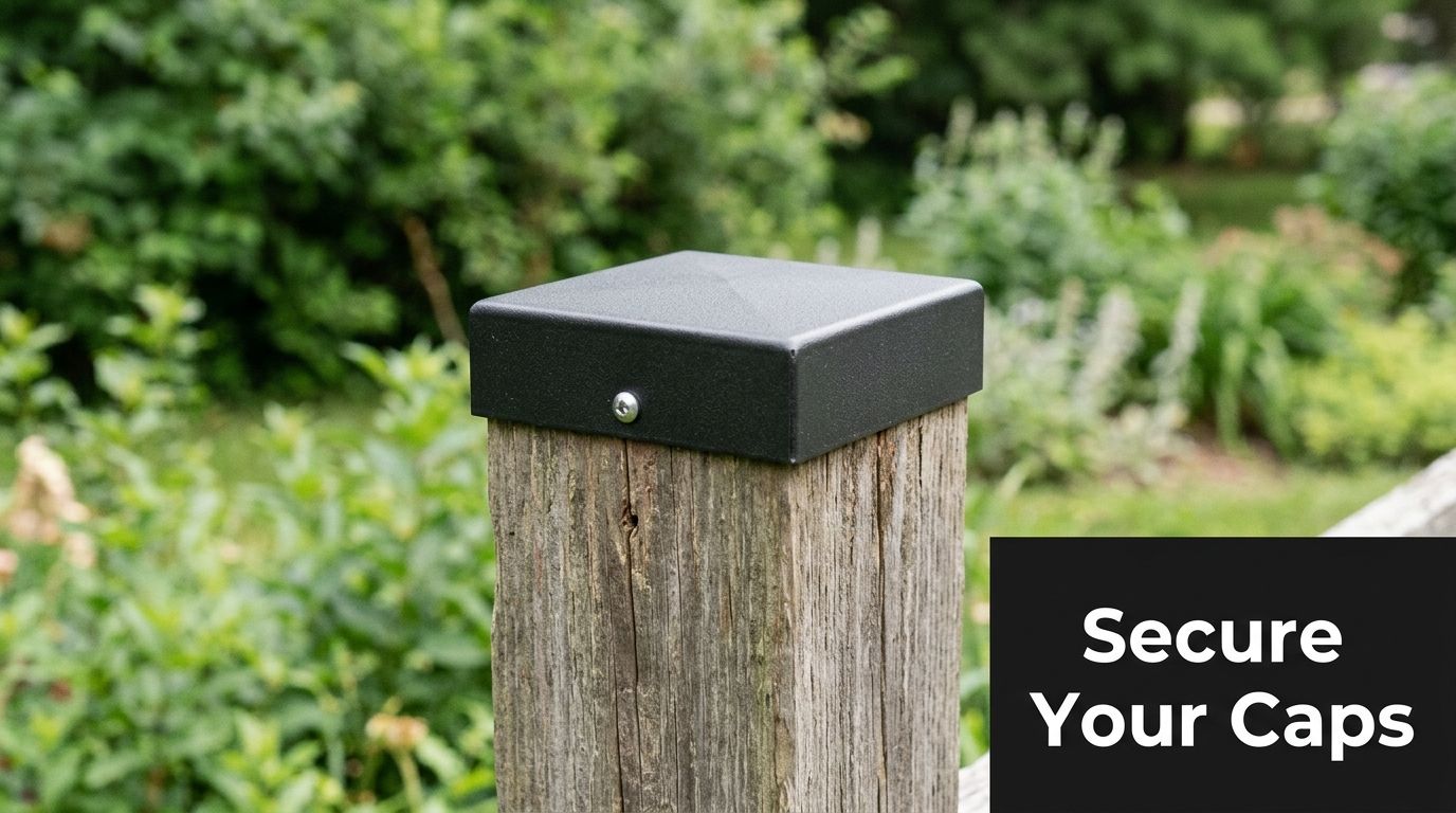 A black metal post cap installed on top of a weathered wooden fence post in a garden.