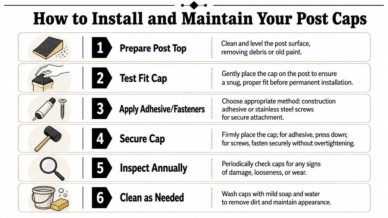 An infographic showing a six-step guide on how to install and maintain post caps on wooden posts.