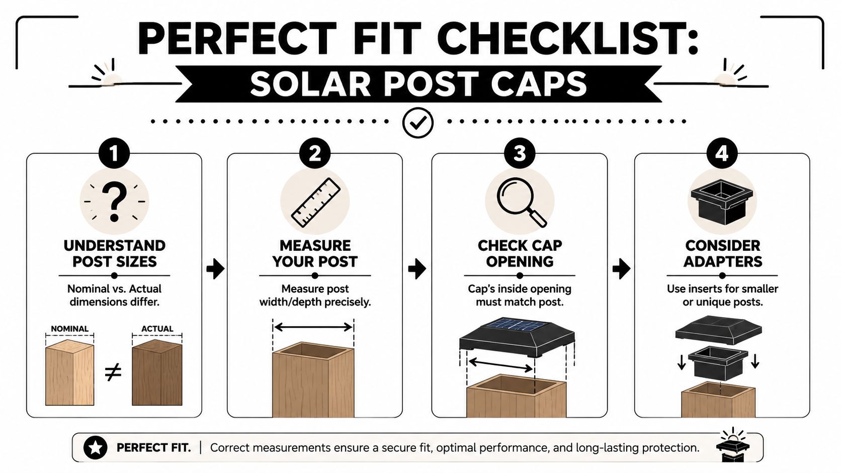 A four-step infographic illustrating how to correctly measure posts for solar post caps for a perfect fit.