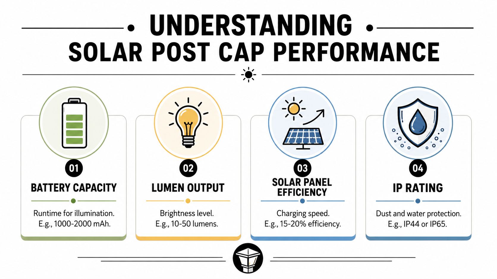 An infographic detailing the four key performance factors of solar post cap lights including battery, brightness, efficiency, and protection.
