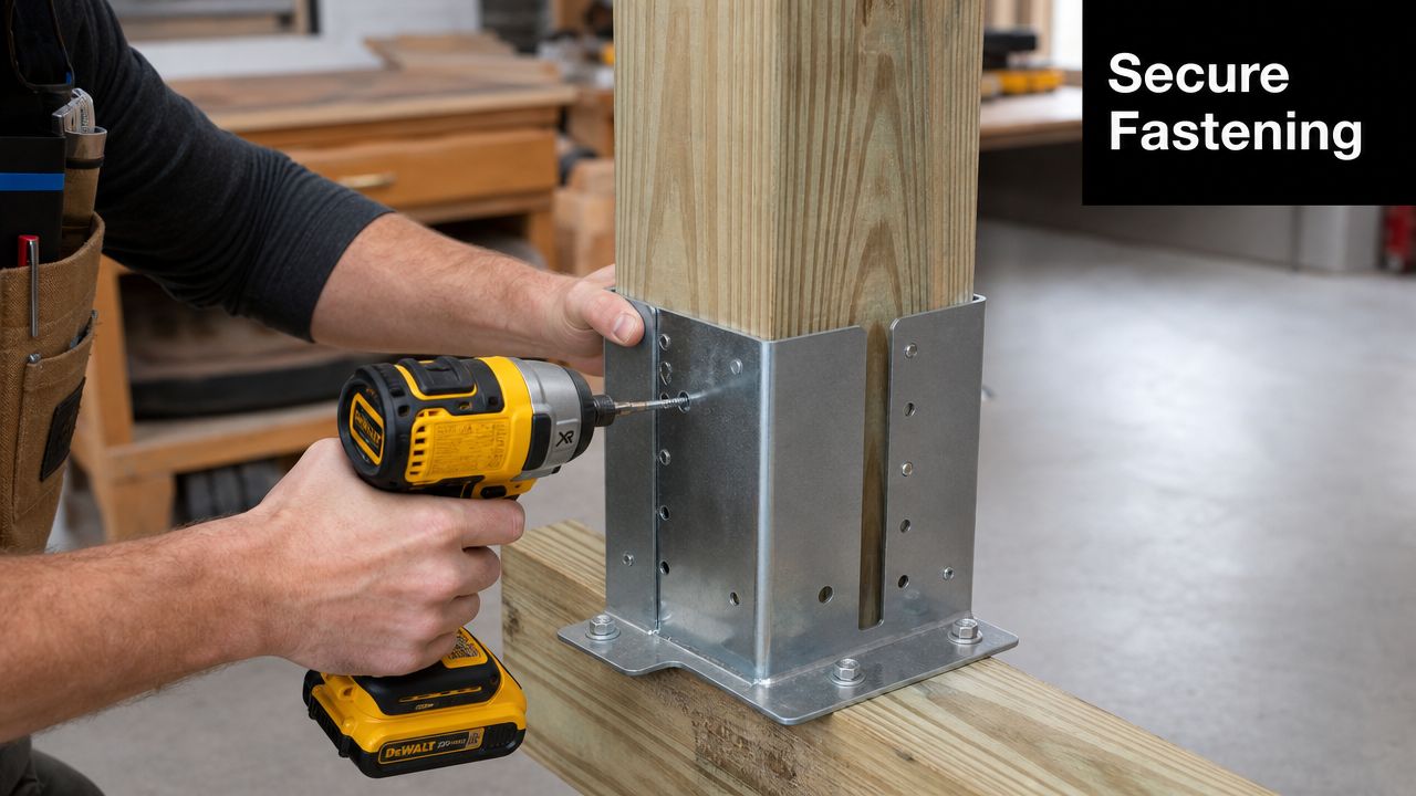 A person uses an impact driver to attach a metal post-to-post connector to a wooden support post.