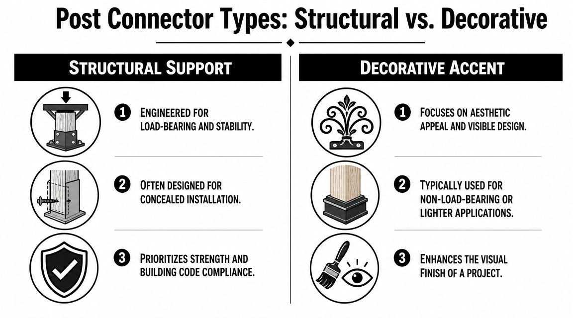 A comparison chart explaining the functional differences between structural support post connectors and decorative accent connectors.