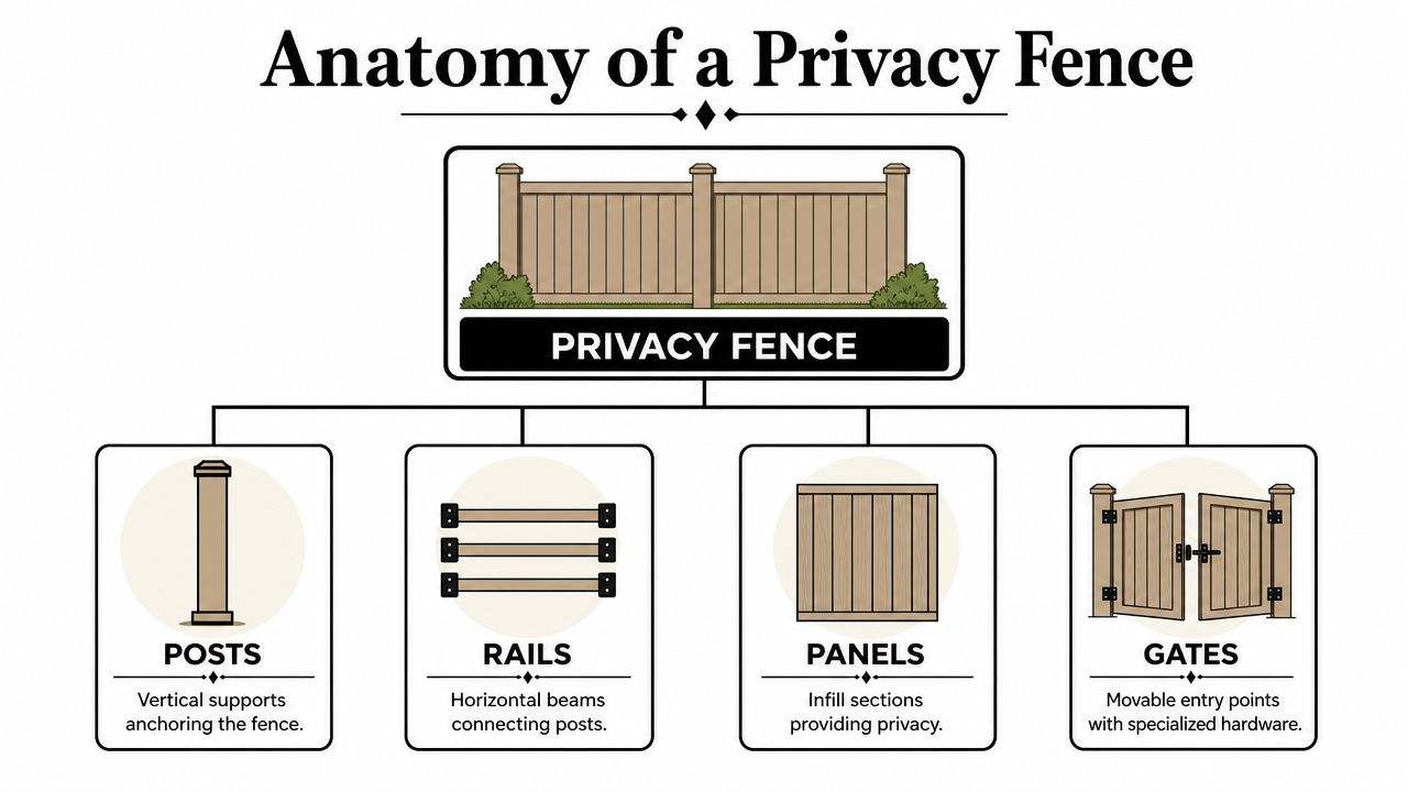 A diagram labeled Anatomy of a Privacy Fence displaying components including posts, rails, panels, and gates.