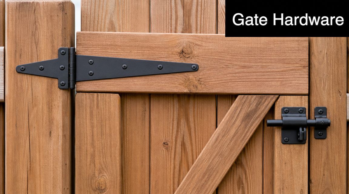 Close up view of black metal gate hinges and a sliding latch on a wooden privacy fence.