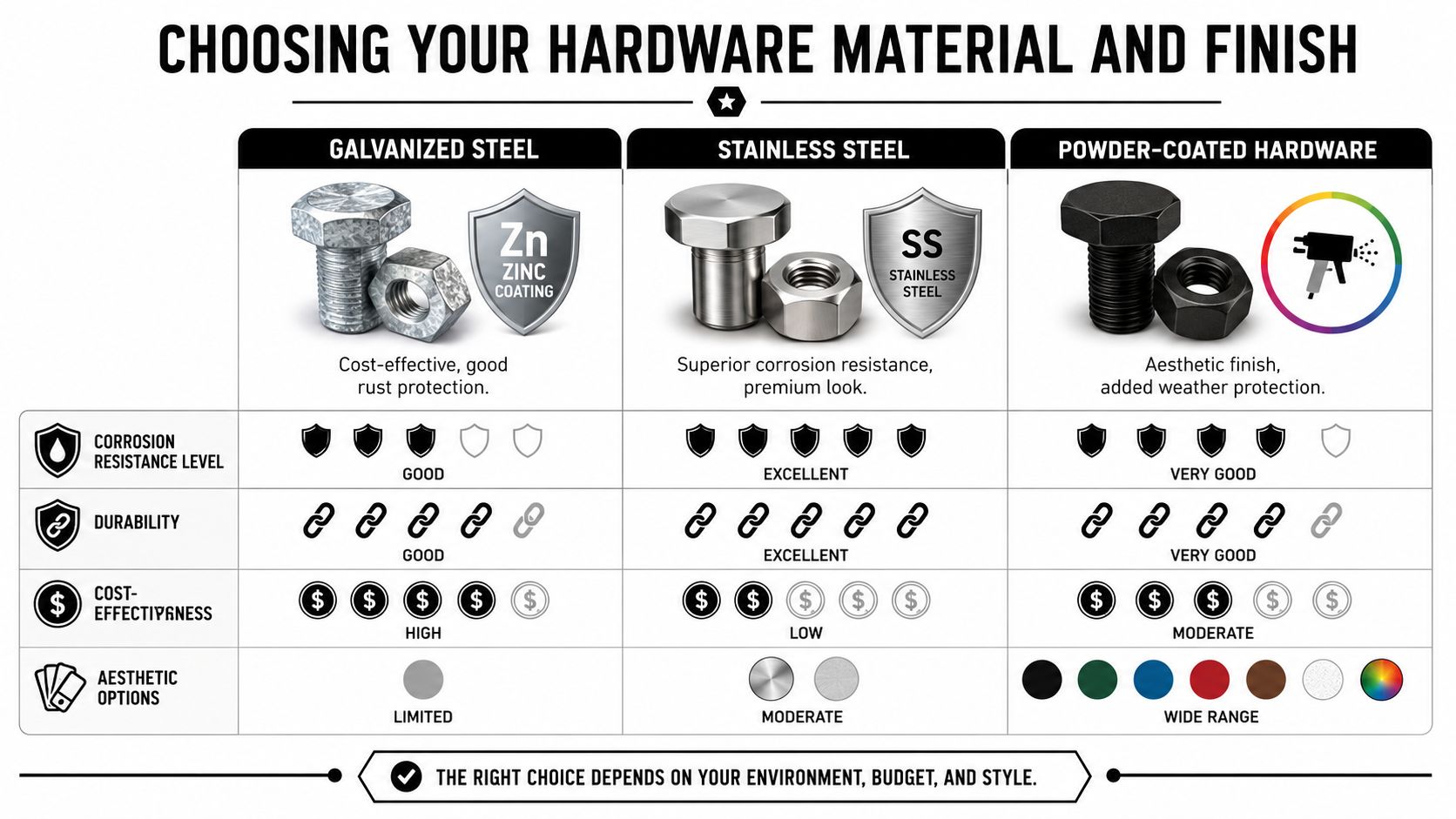 A comparison chart showing hardware materials including galvanized steel, stainless steel, and powder-coated hardware with their attributes.