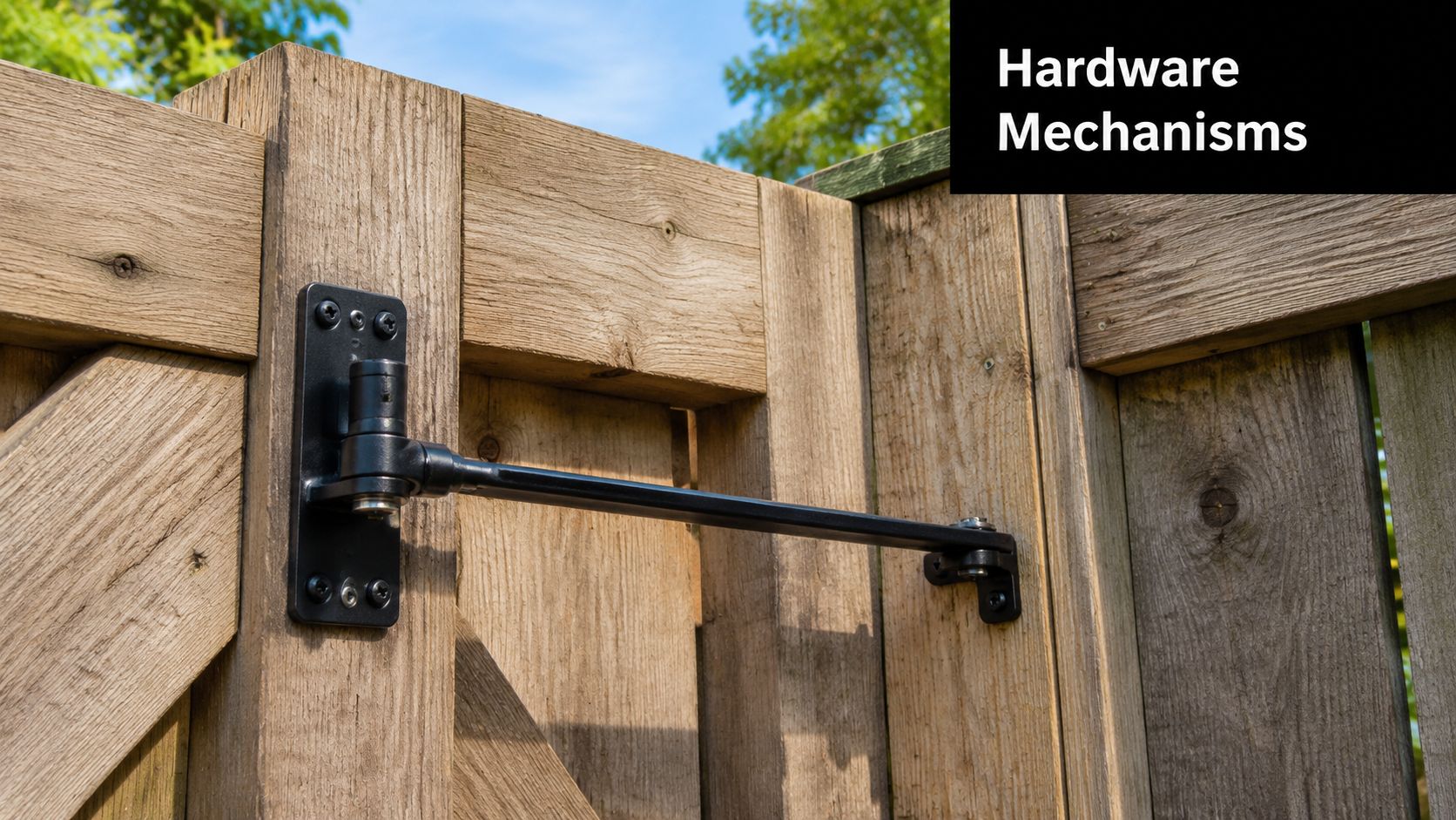A close-up view of a black metal self-closing hinge mechanism installed on a wooden garden gate.