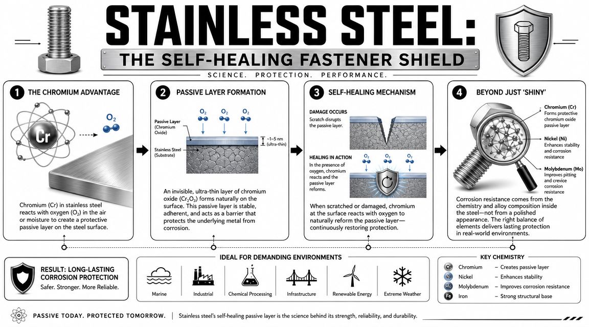 An infographic explaining how stainless steel fasteners use a self-healing passive layer for corrosion protection.