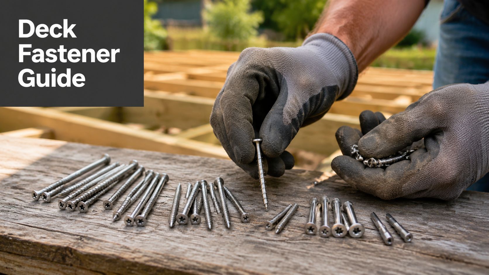 A construction worker wearing gloves selecting stainless steel deck fasteners on a wooden surface for deck installation.