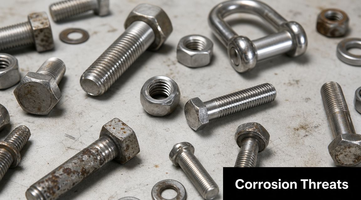 An assortment of rusted and metallic stainless steel fasteners, nuts, and bolts scattered on a workshop surface.