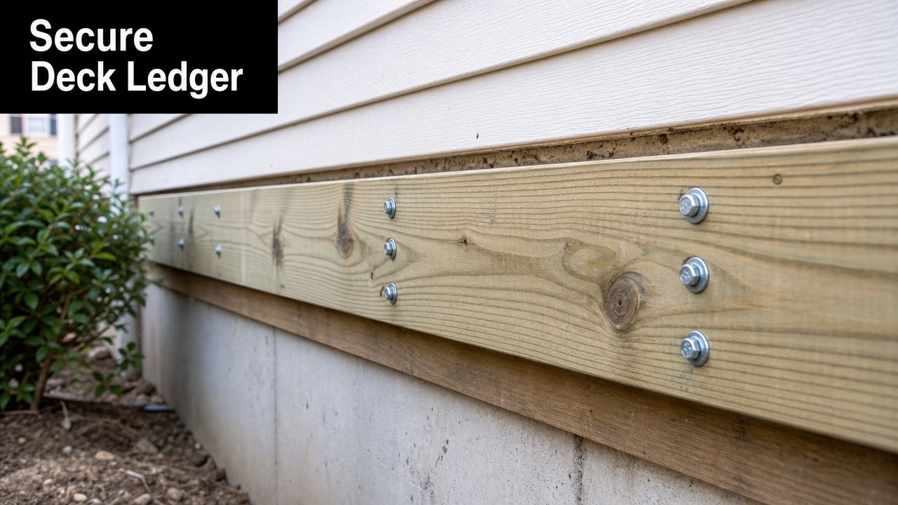 A close-up view showing a secure wooden deck ledger board bolted firmly to the side of a house.