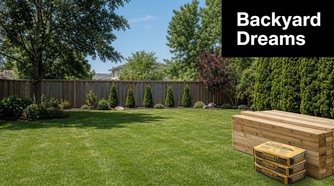 A backyard with a stack of wooden timber posts and bags of Quikrete concrete mix on the grass.
