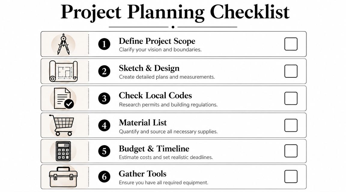 A visual project planning checklist with six numbered steps for organizing construction or home improvement tasks.