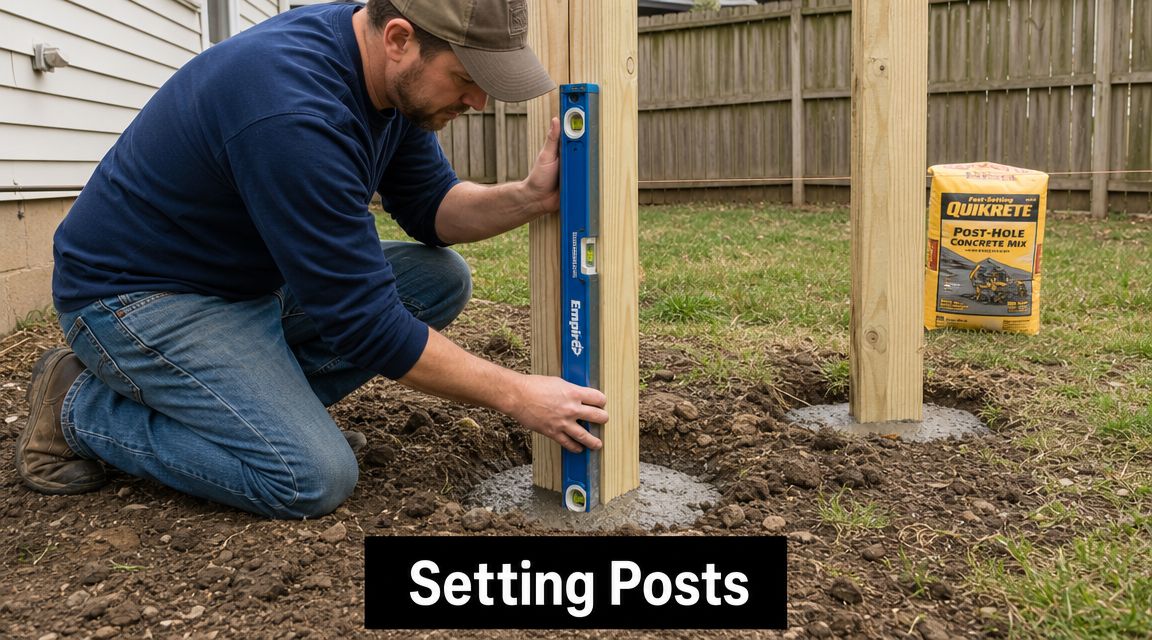 A man using a level to ensure a wooden post is perfectly vertical while setting it in concrete.