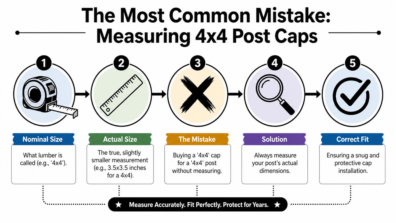 An infographic showing the five steps to correctly measure and size 4x4 deck post caps for installation.