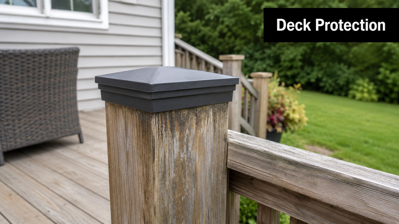 A close-up view of a dark grey post cap installed on a weathered wooden deck post.