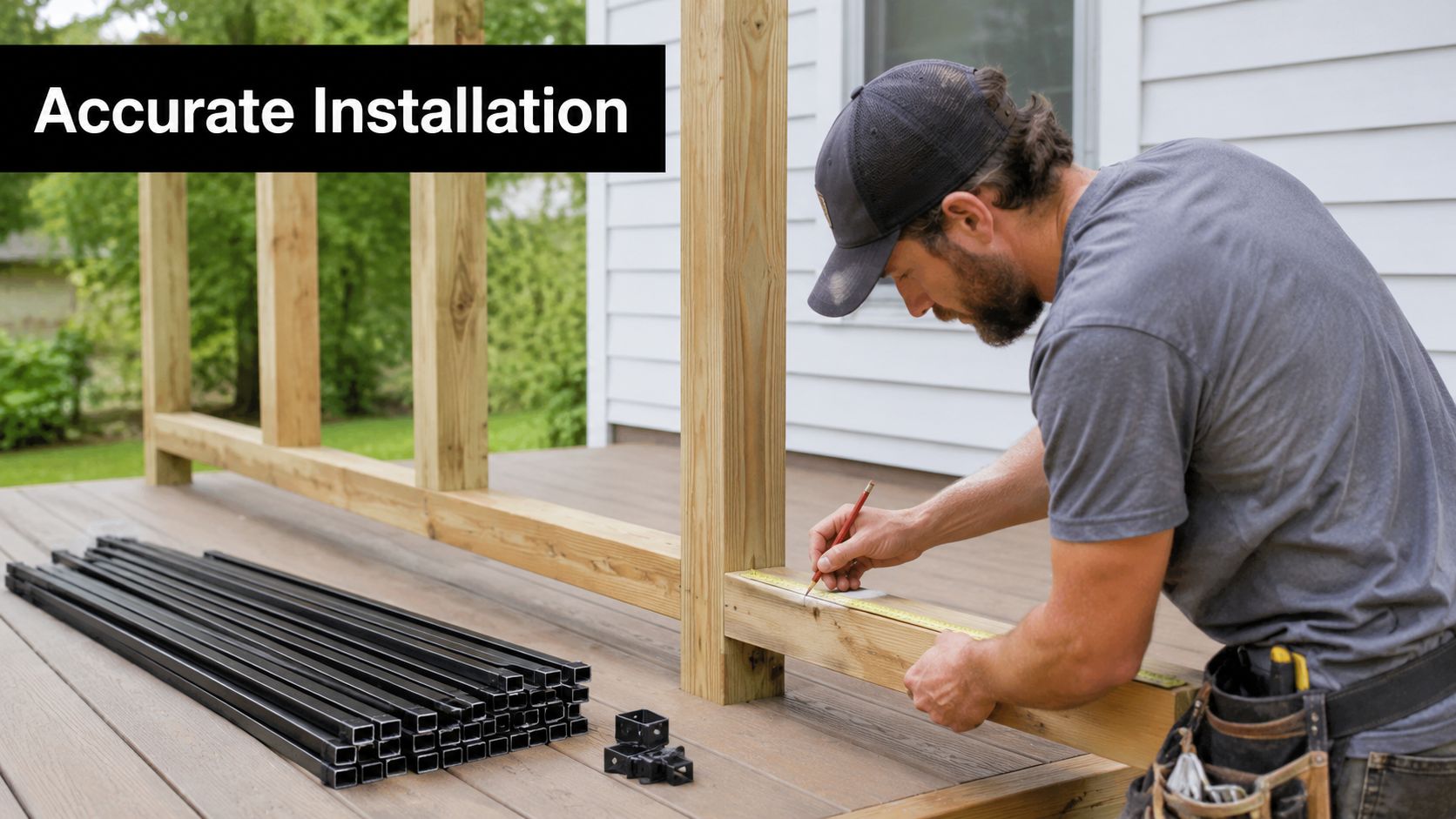 A construction worker uses a pencil and tape measure to mark baluster spacing on a wooden deck railing.