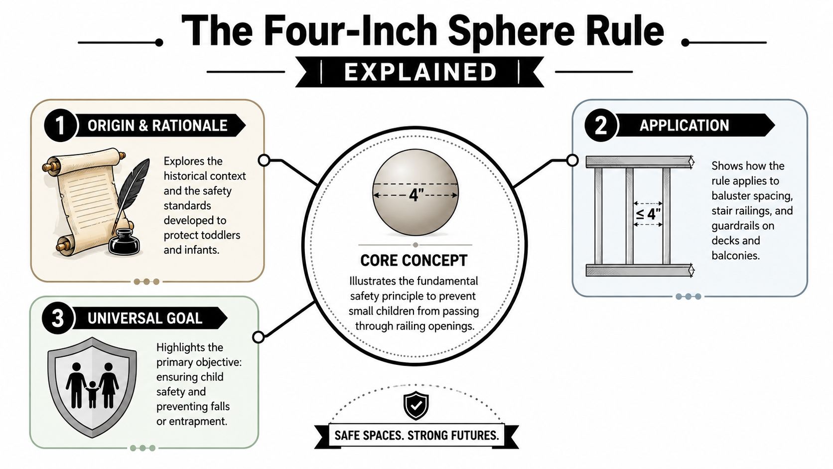 An infographic explaining the Four-Inch Sphere Rule for child safety regarding baluster spacing and railing gaps.