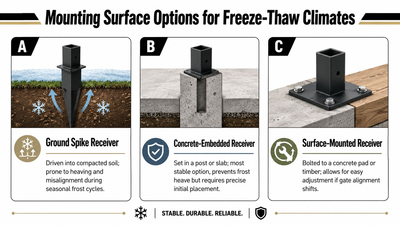 A diagram showing three mounting surface options for gate receivers in freeze-thaw climate conditions.