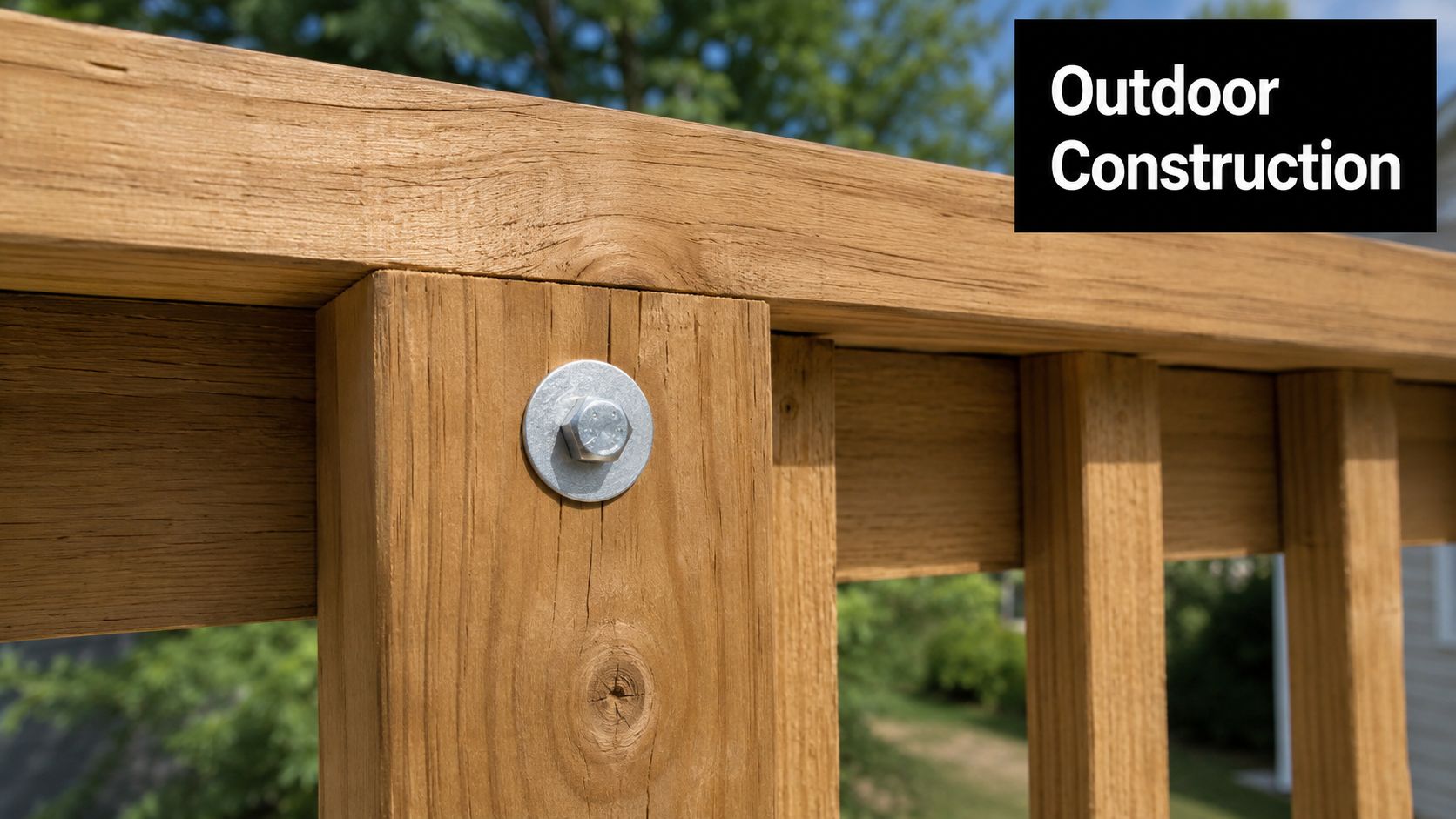 A close-up view of a wooden deck railing secured with a galvanized carriage bolt and washer.