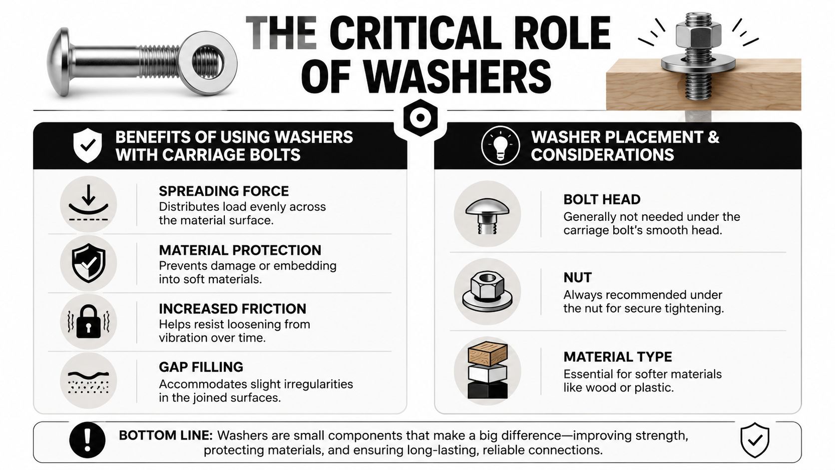 An infographic detailing the benefits of using washers with carriage bolts and where to place them.