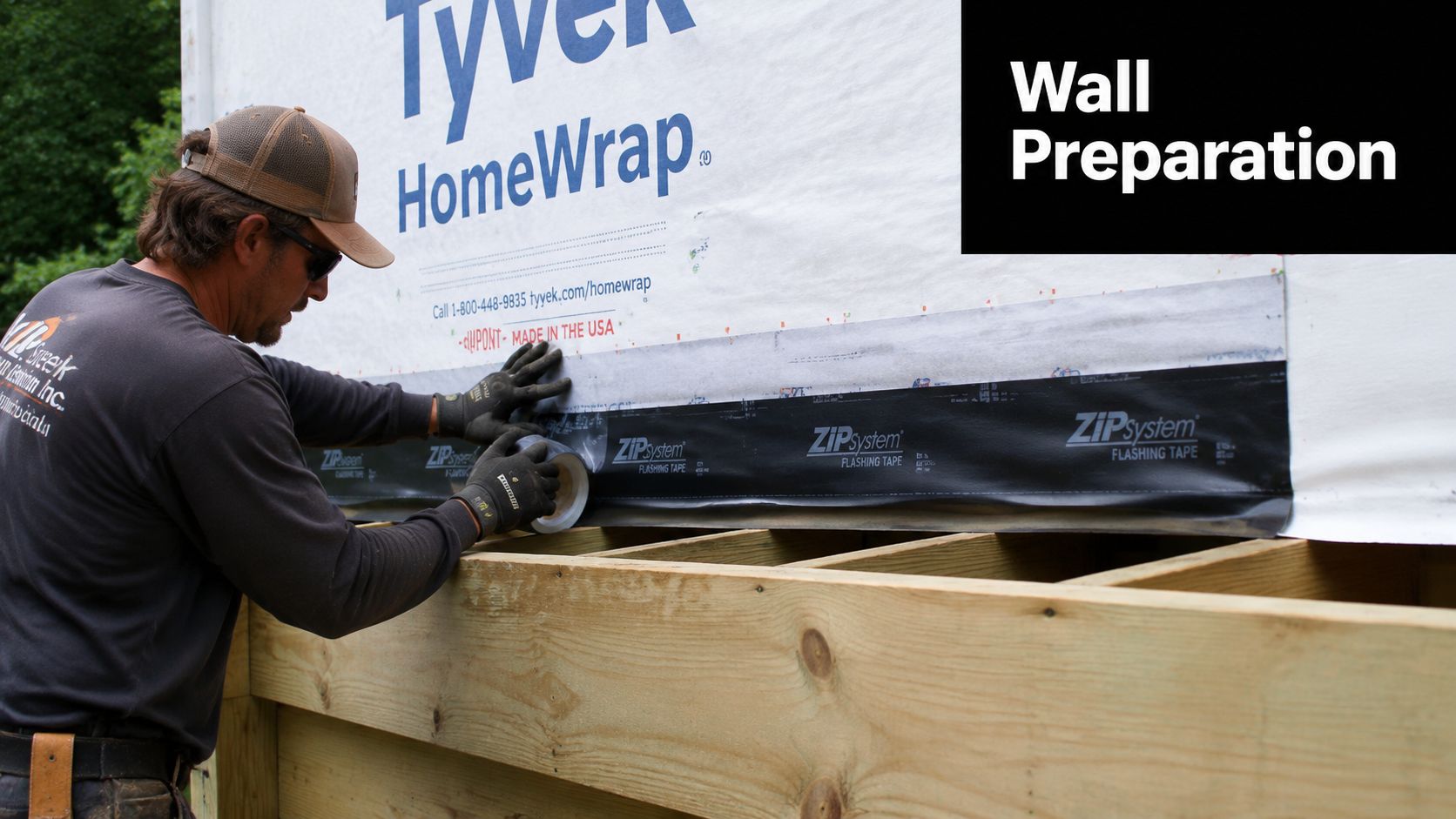 A construction worker applies black flashing tape to seal the junction between a wall and deck.