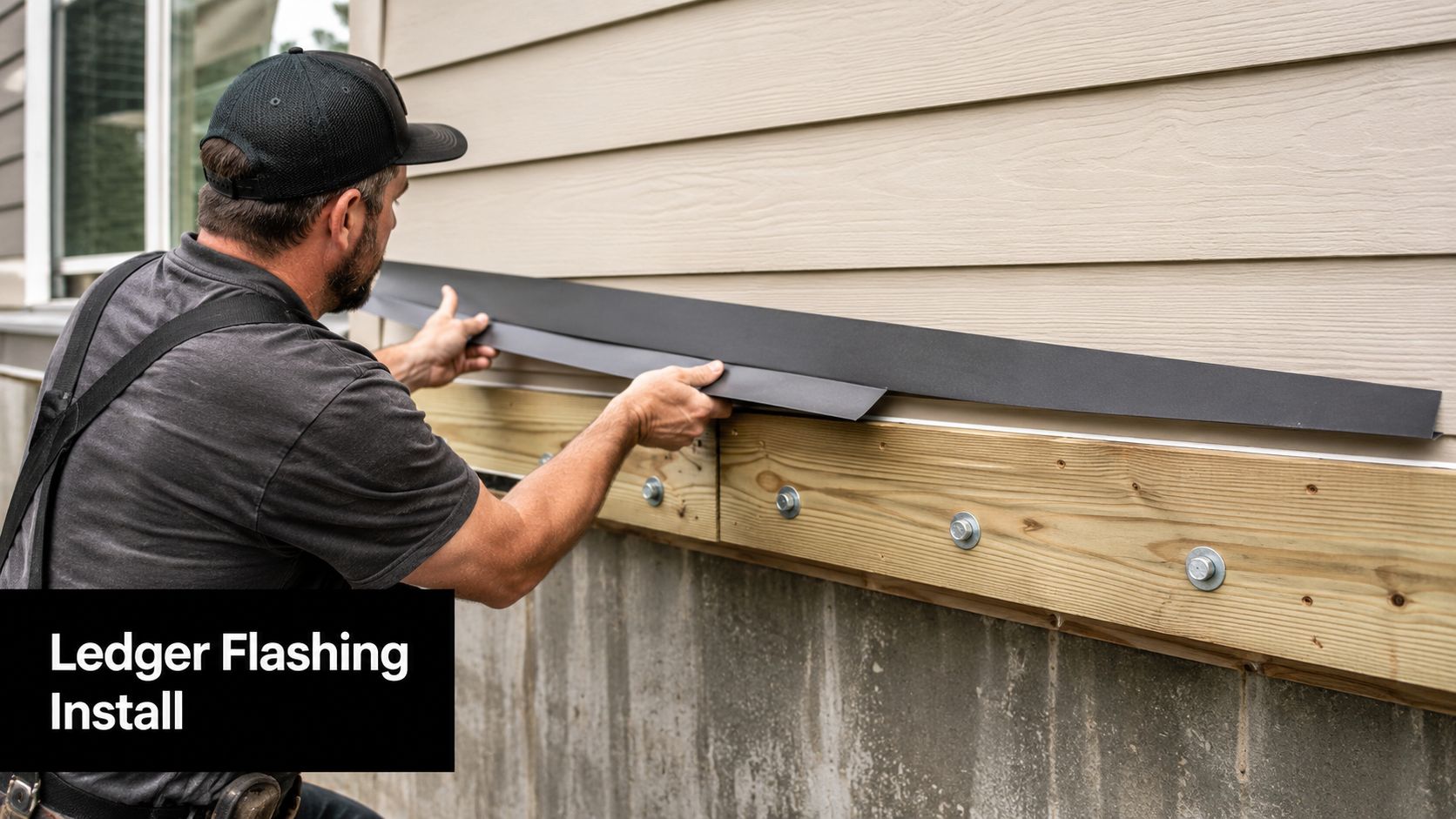 A construction worker installs black metal ledger flashing onto a house wall above a wooden deck joist.