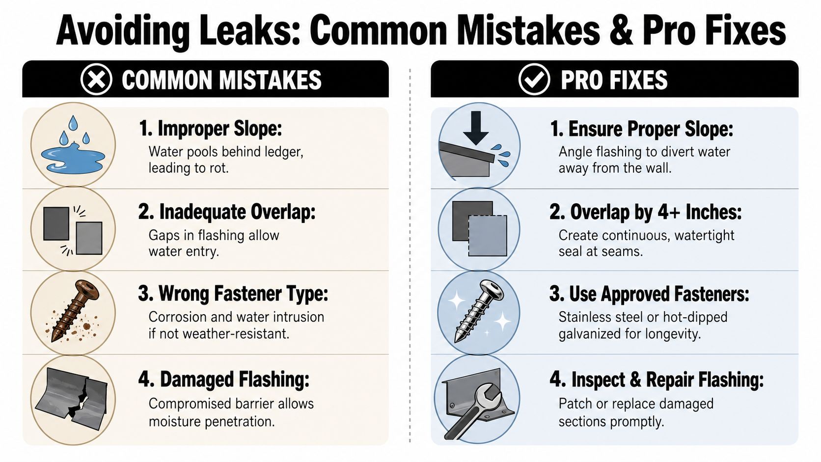 An infographic showing common mistakes to avoid and pro fixes for proper deck flashing installation and waterproofing.
