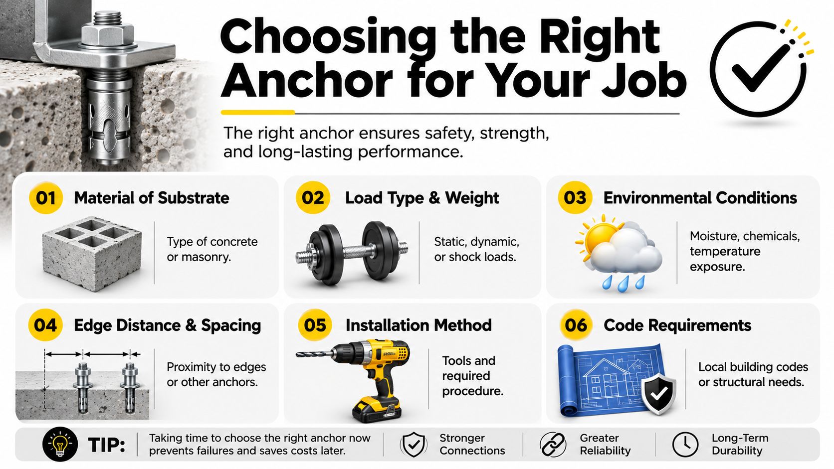 An infographic detailing six essential factors for selecting the correct concrete anchors for construction projects.