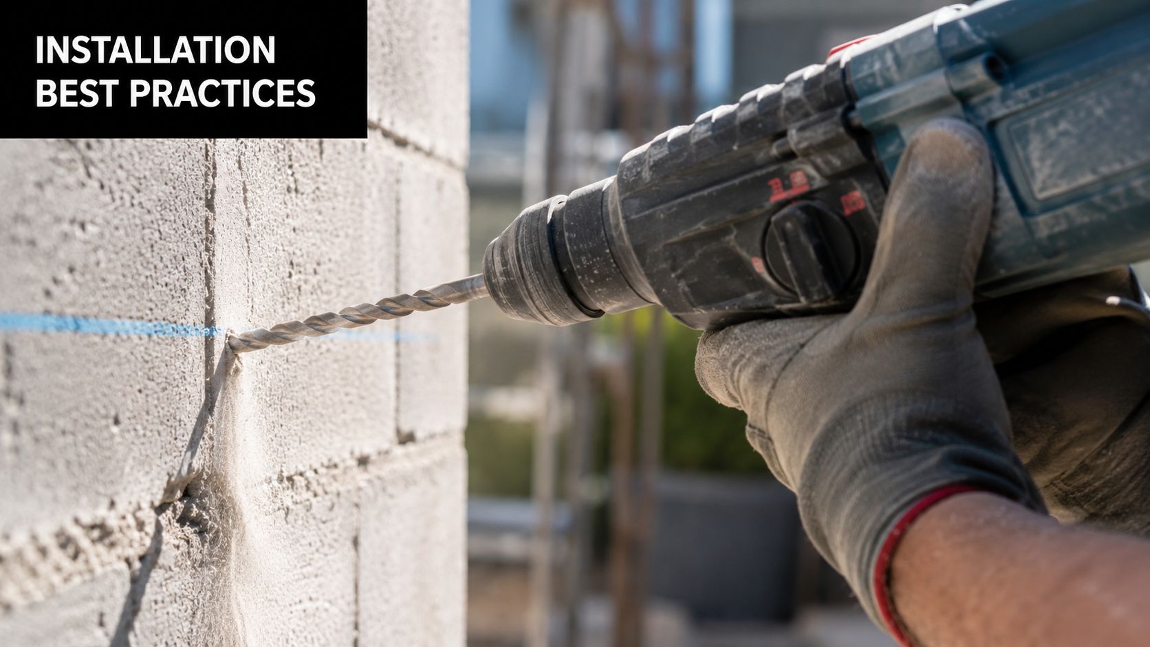A construction worker wearing gloves uses a rotary hammer drill to make a hole in concrete.