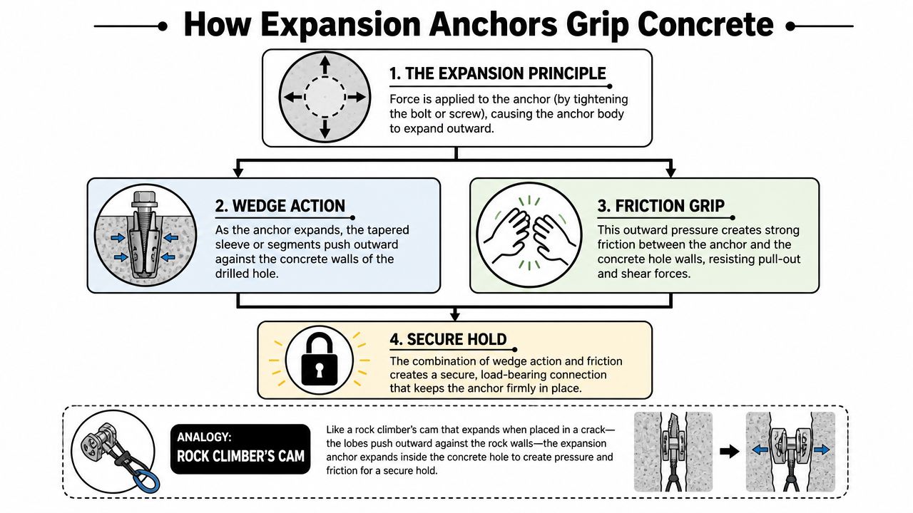 An infographic diagram explaining the physical mechanics of how expansion anchors grip concrete using wedge action and friction.