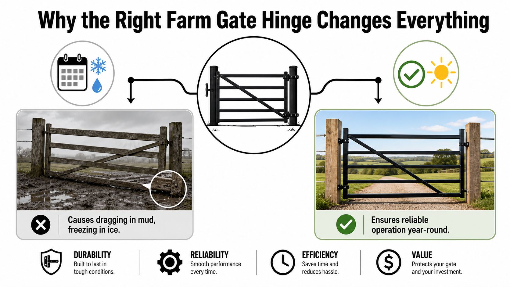 A comparison graphic showing a failing wooden farm gate versus a functional, high-quality metal farm gate.