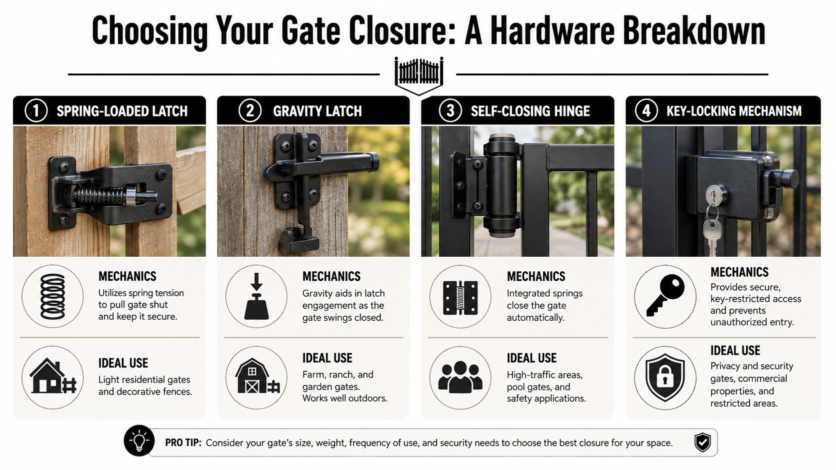 An infographic comparing four types of gate hardware: spring-loaded latch, gravity latch, self-closing hinge, and key-locking mechanism.