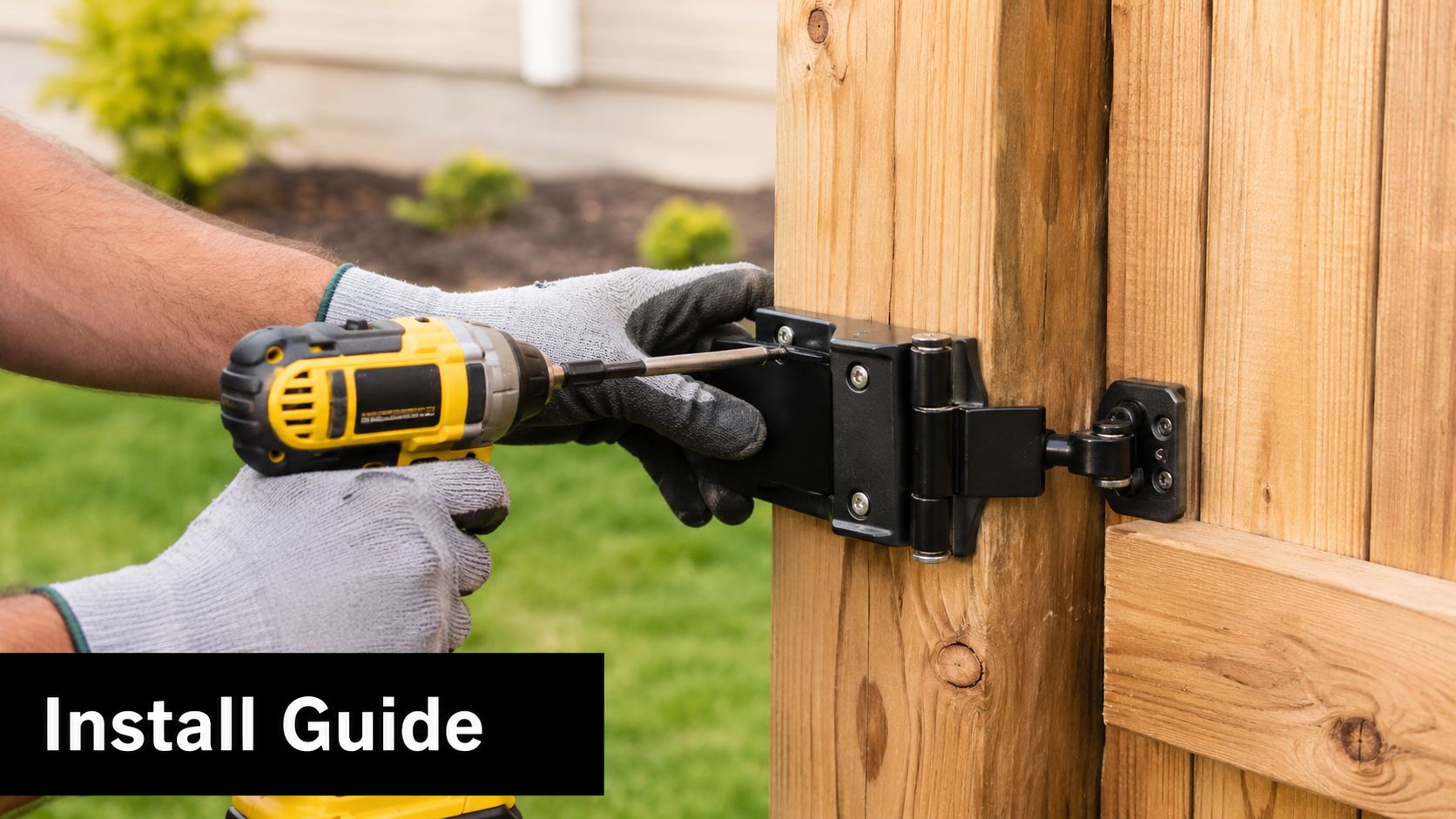 A person wearing work gloves using a power drill to install a black metal gate hinge.