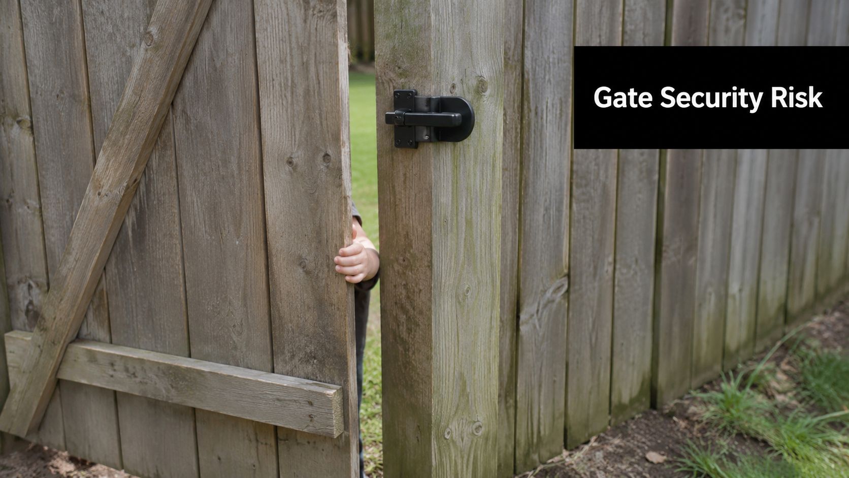 A young child stands behind a wooden fence gate held open, highlighting a potential home security risk.