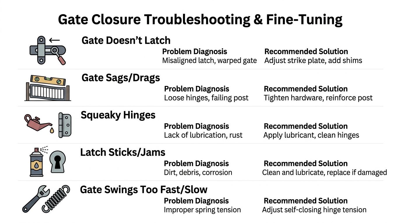 An infographic showing common gate closure problems like sagging, squeaking, and sticking with their respective solutions.