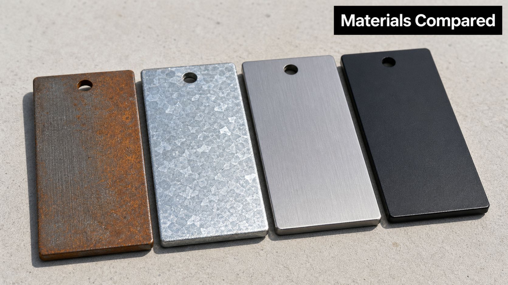 Four rectangular metal material sample plates featuring rusted, galvanized, brushed steel, and matte black finishes.