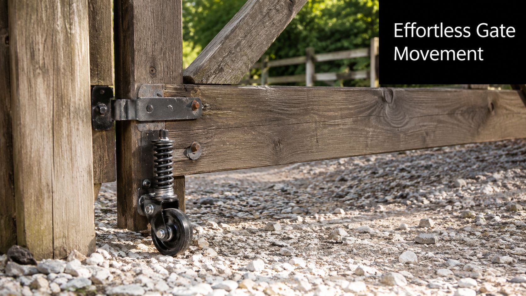 A close-up view of a spring-loaded gate wheel attached to a wooden gate post on a gravel driveway.