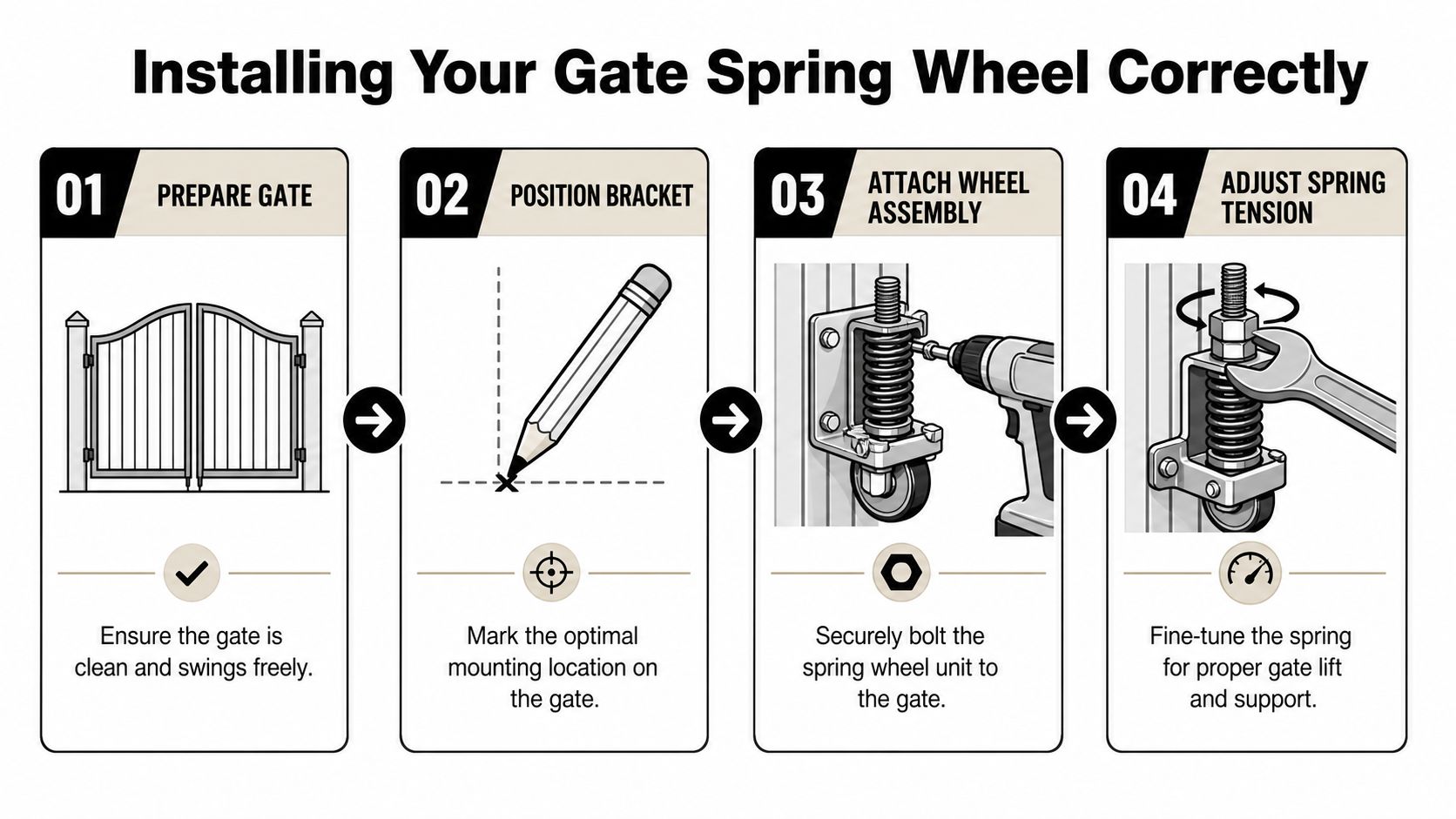 A four-step instructional infographic showing how to properly install a spring-loaded gate wheel on a metal fence.
