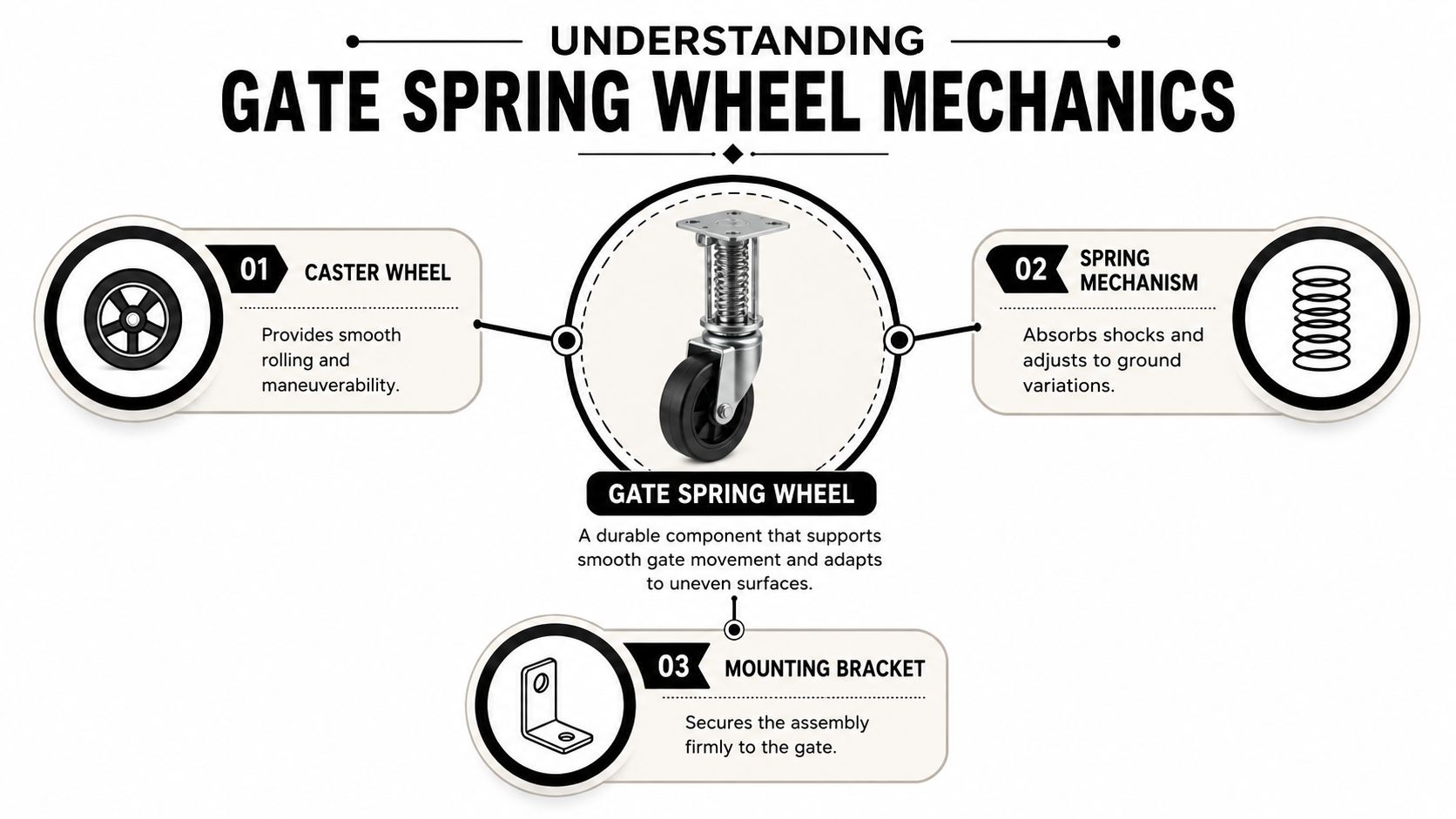 A diagram illustrating the components of a gate spring wheel including caster, spring mechanism, and mounting bracket.