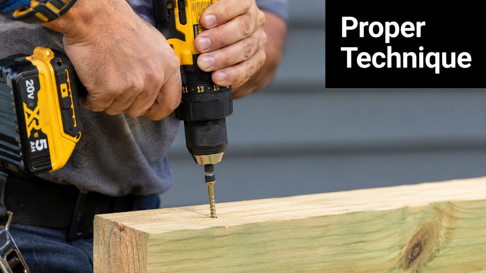 A close-up shot of a person using a cordless drill to drive a screw into wooden lumber.