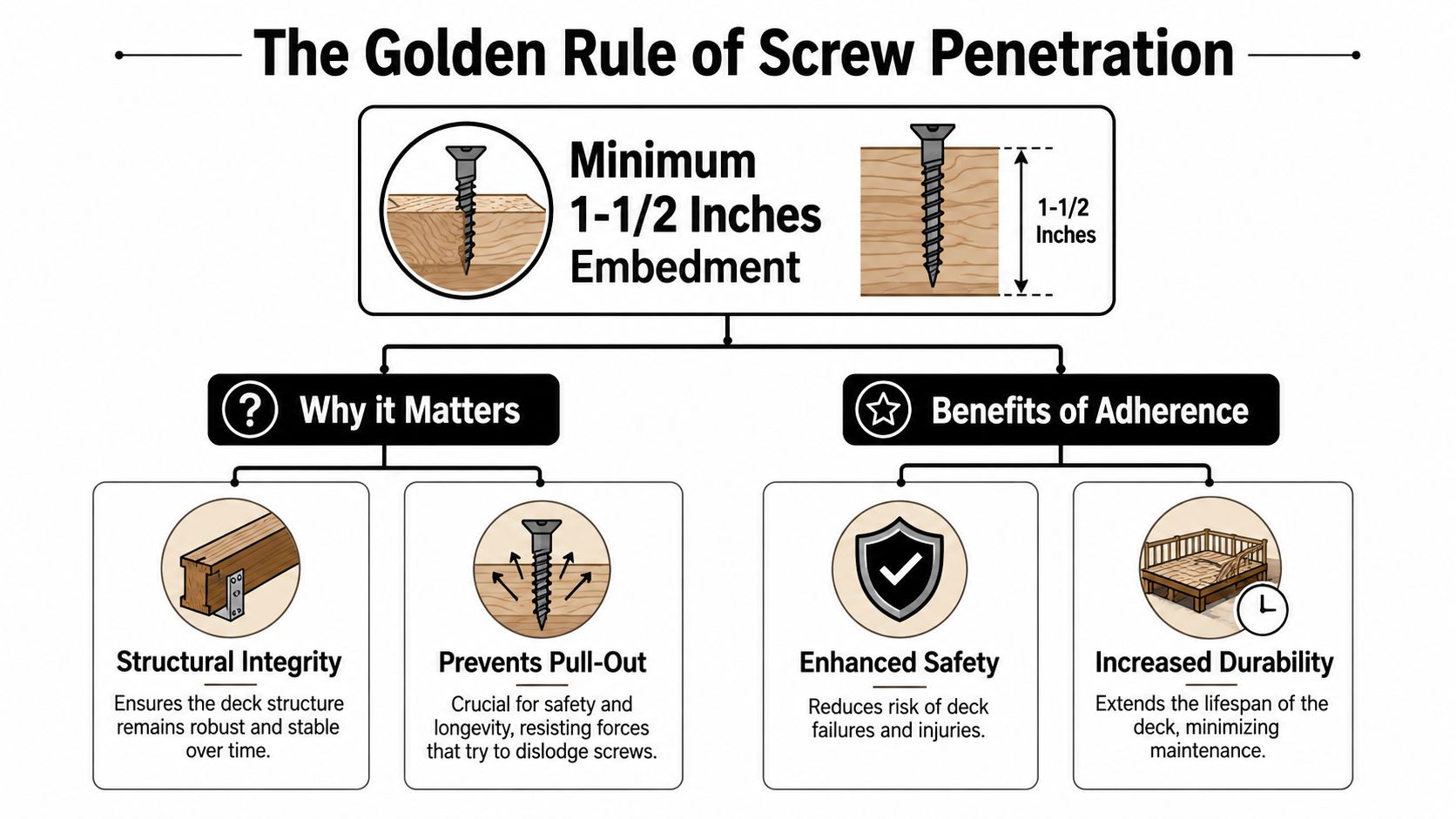 An infographic detailing the golden rule of deck screw penetration, specifying a minimum 1.5-inch embedment depth for safety.